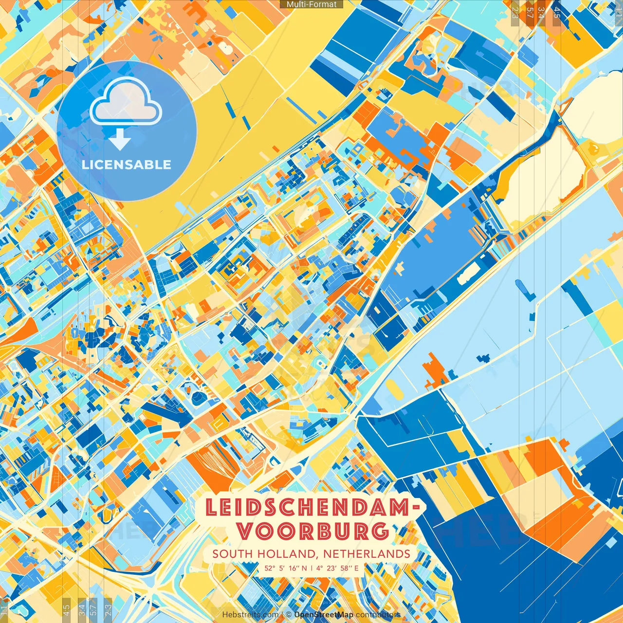 Leidschendam-Voorburg, South Holland, Netherlands blue and orange vector art map template