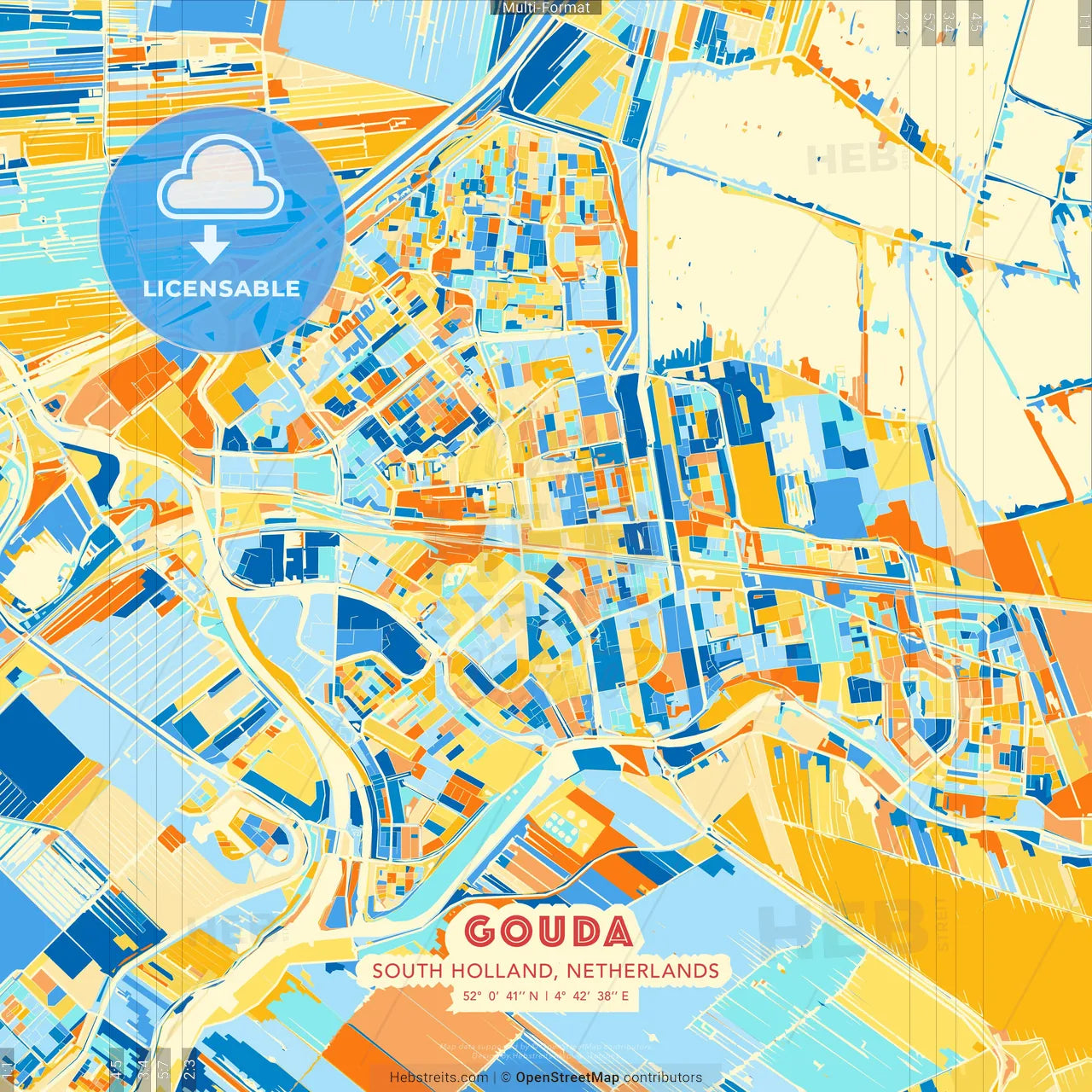 Gouda, South Holland, Netherlands blue and orange vector art map template