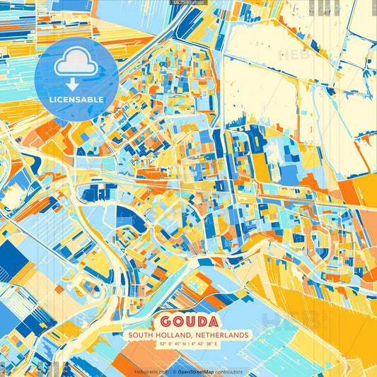 Gouda, South Holland, Netherlands blue and orange vector art map template