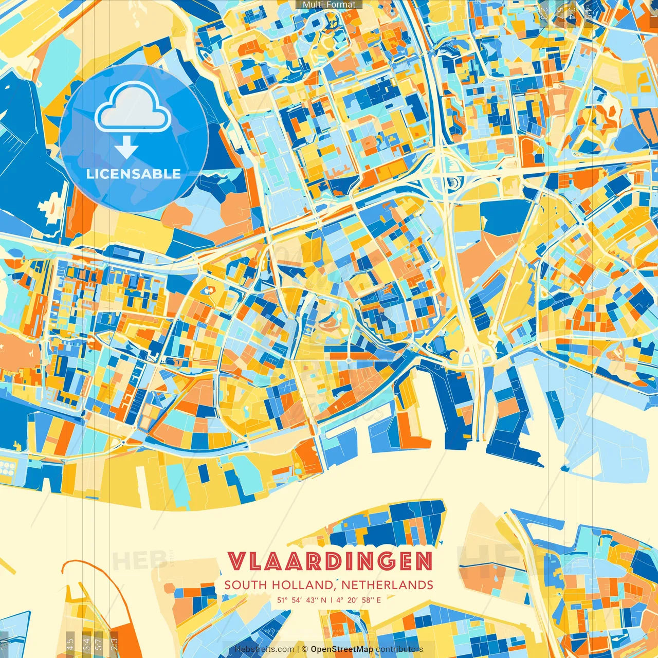 Vlaardingen, South Holland, Netherlands blue and orange vector art map template