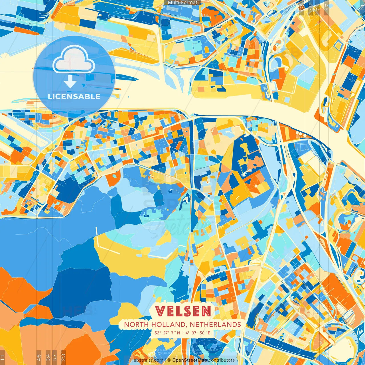 Velsen, North Holland, Netherlands blue and orange vector art map template