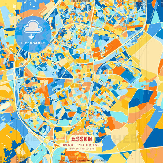Assen, Drenthe, Netherlands blue and orange vector art map template