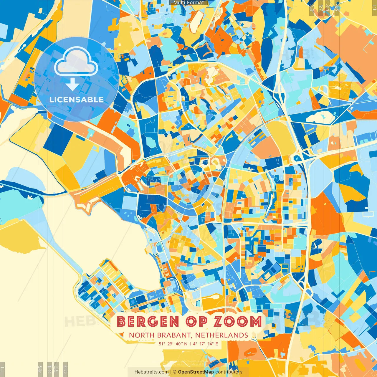 Bergen op Zoom, North Brabant, Netherlands blue and orange vector art map template