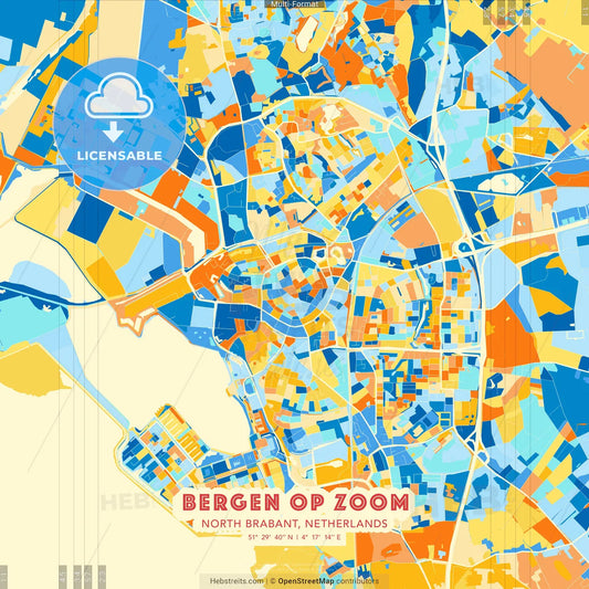 Bergen op Zoom, North Brabant, Netherlands blue and orange vector art map template