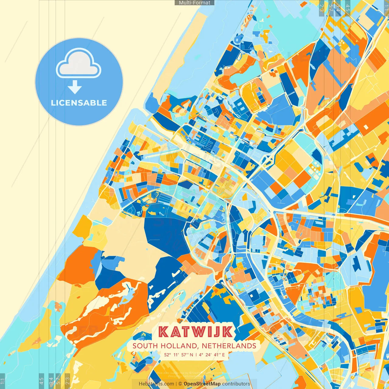 Katwijk, South Holland, Netherlands blue and orange vector art map template