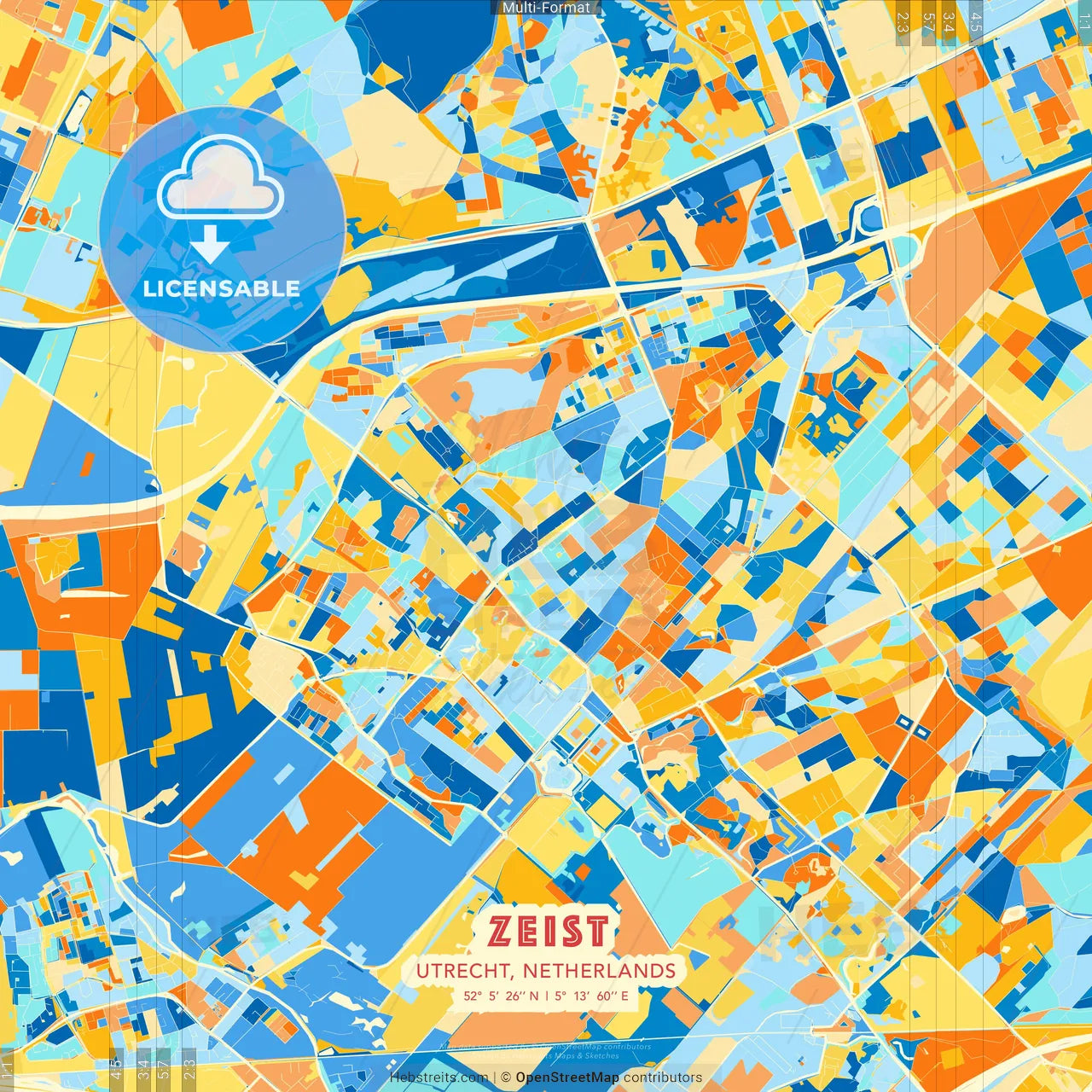 Zeist, Utrecht, Netherlands blue and orange vector art map template