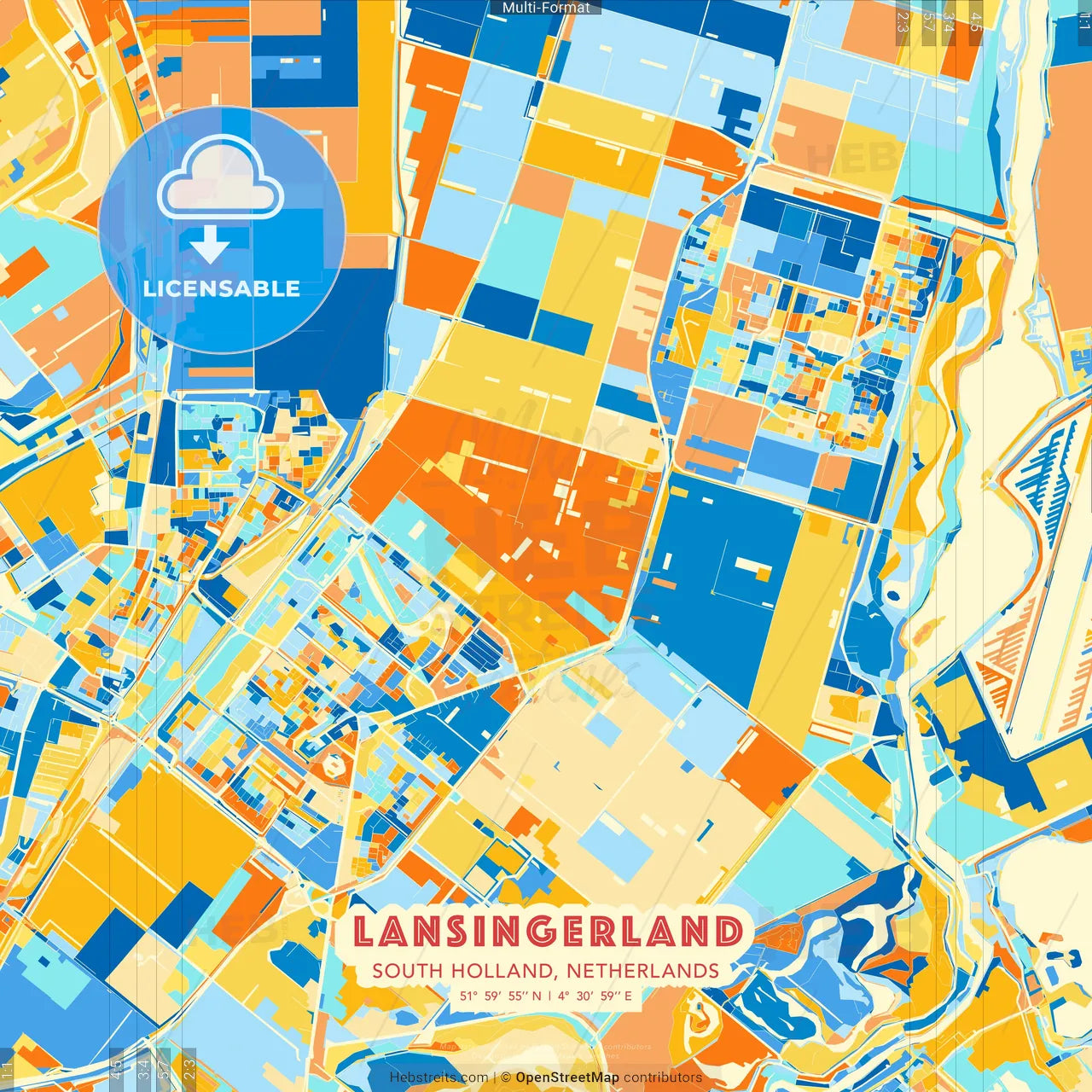 Lansingerland, South Holland, Netherlands blue and orange vector art map template