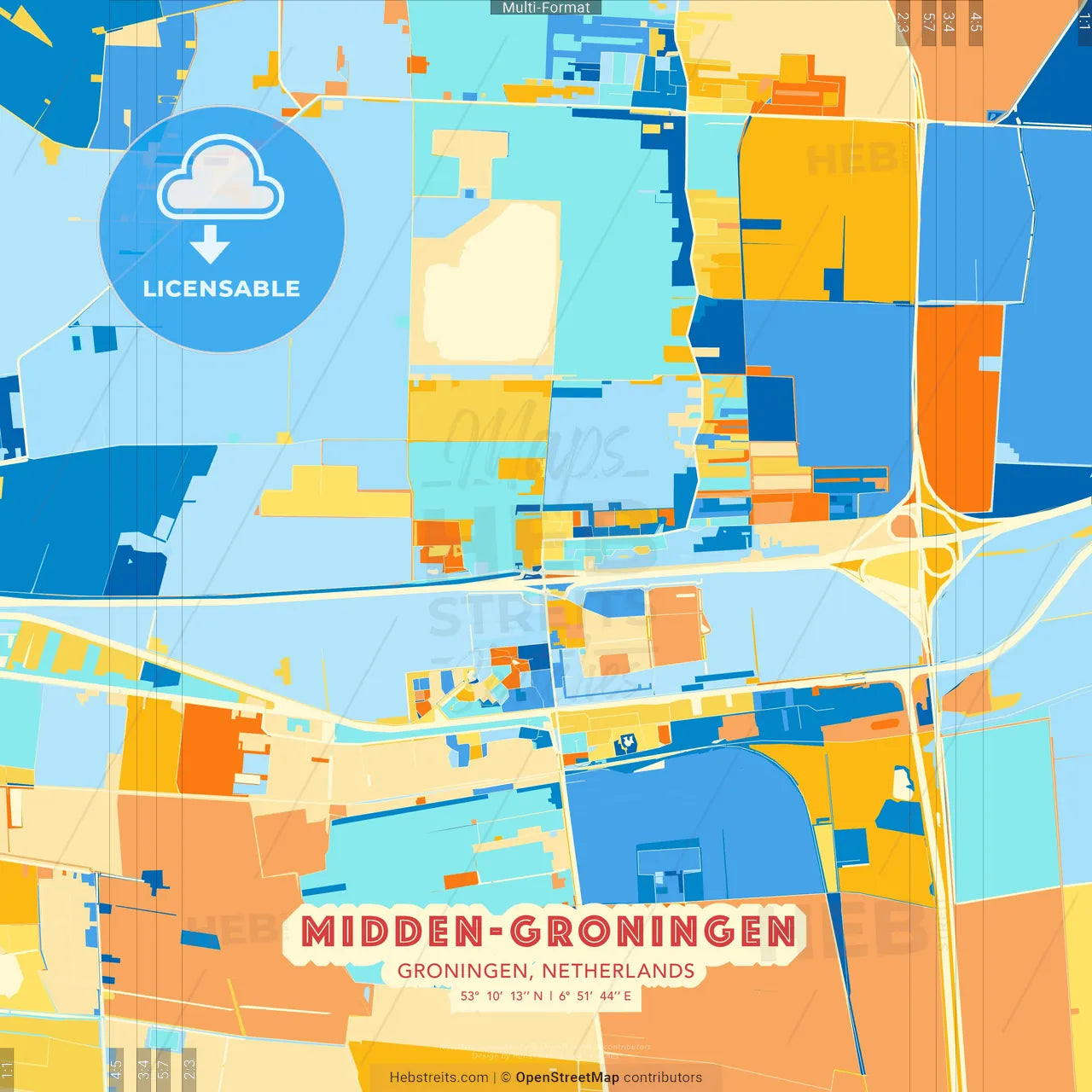 Midden-Groningen, Groningen, Netherlands blue and orange vector art map template