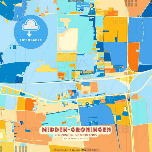 Midden-Groningen, Groningen, Netherlands blue and orange vector art map template