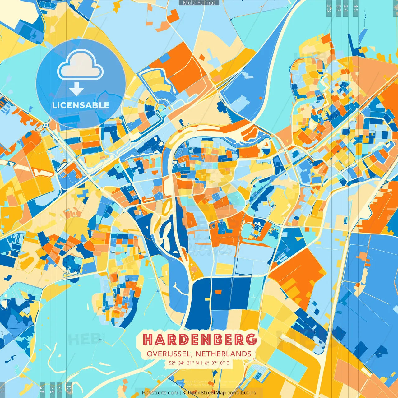Hardenberg, Overijssel, Netherlands blue and orange vector art map template