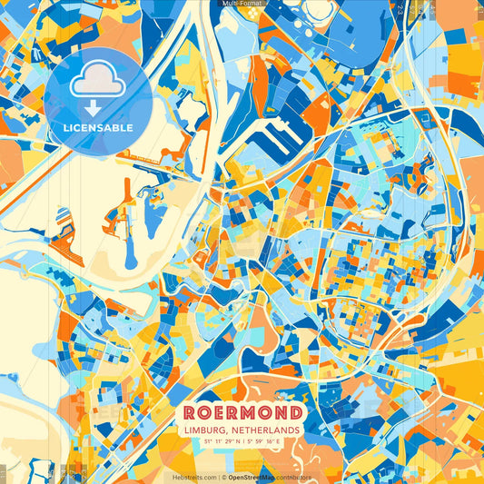 Roermond, Limburg, Netherlands blue and orange vector art map template