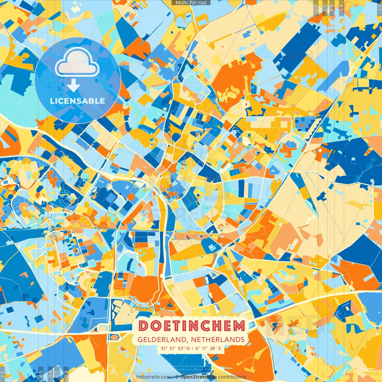 Doetinchem, Gelderland, Netherlands blue and orange vector art map template