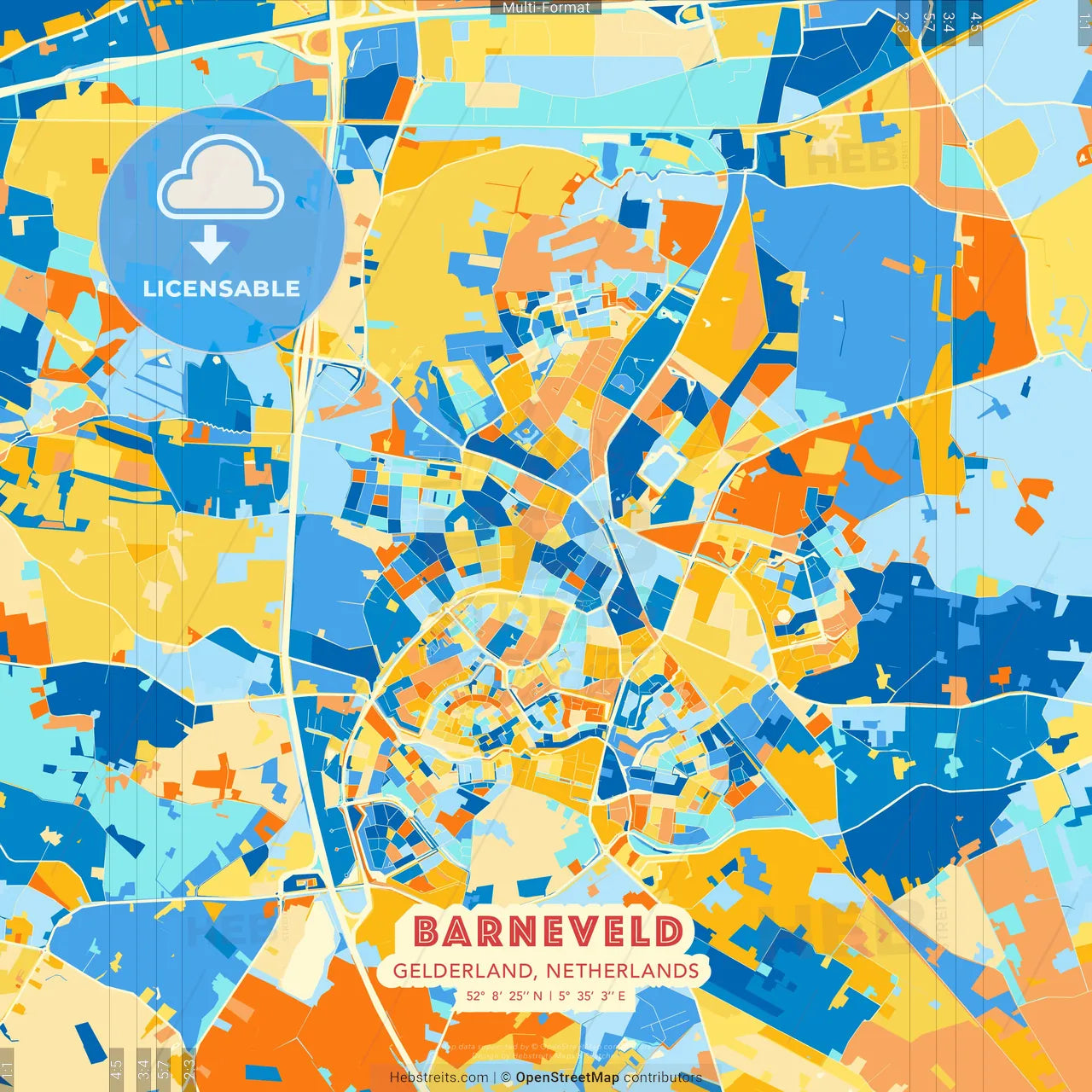 Barneveld, Gelderland, Netherlands blue and orange vector art map template