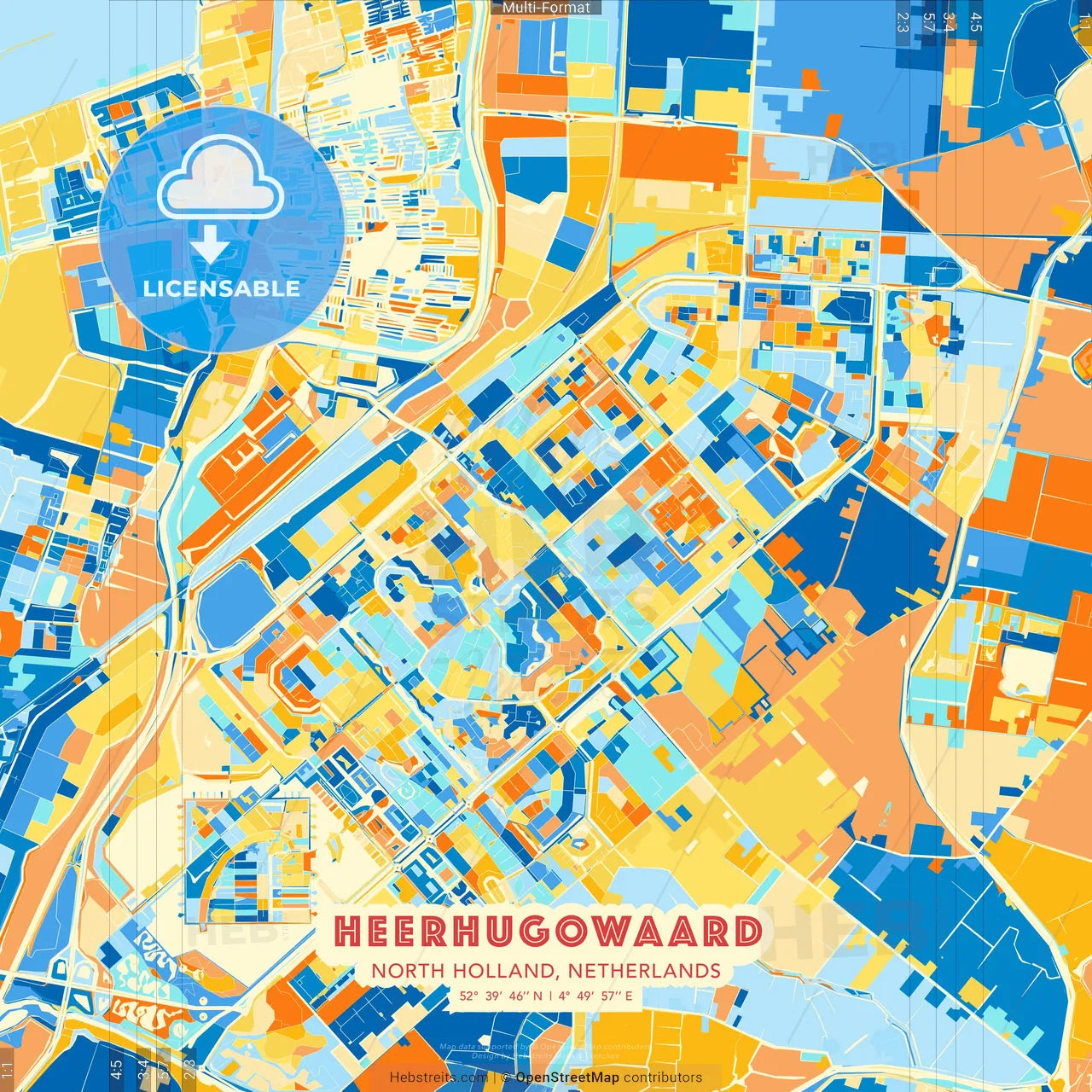 Heerhugowaard, North Holland, Netherlands blue and orange vector art map template