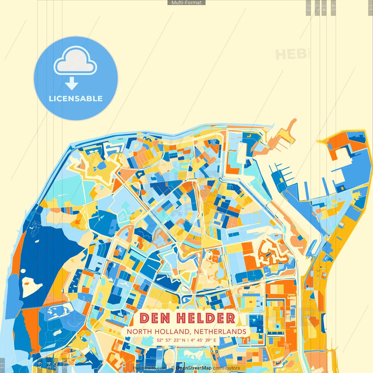 Den Helder, North Holland, Netherlands blue and orange vector art map template