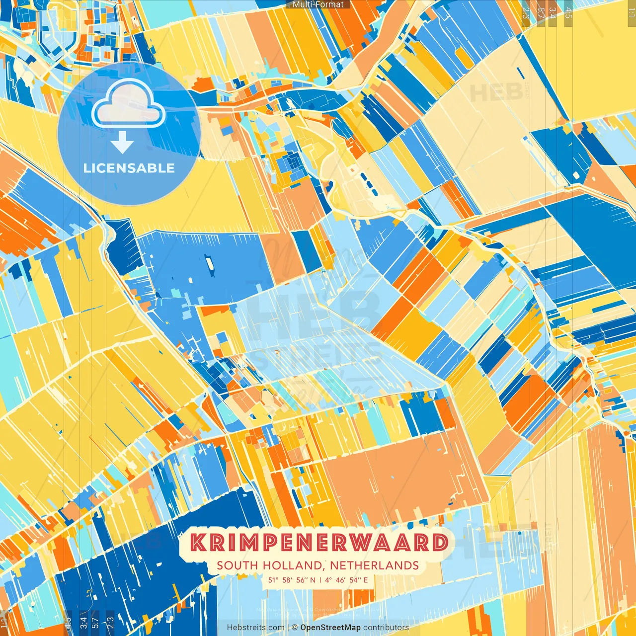 Krimpenerwaard, South Holland, Netherlands blue and orange vector art map template