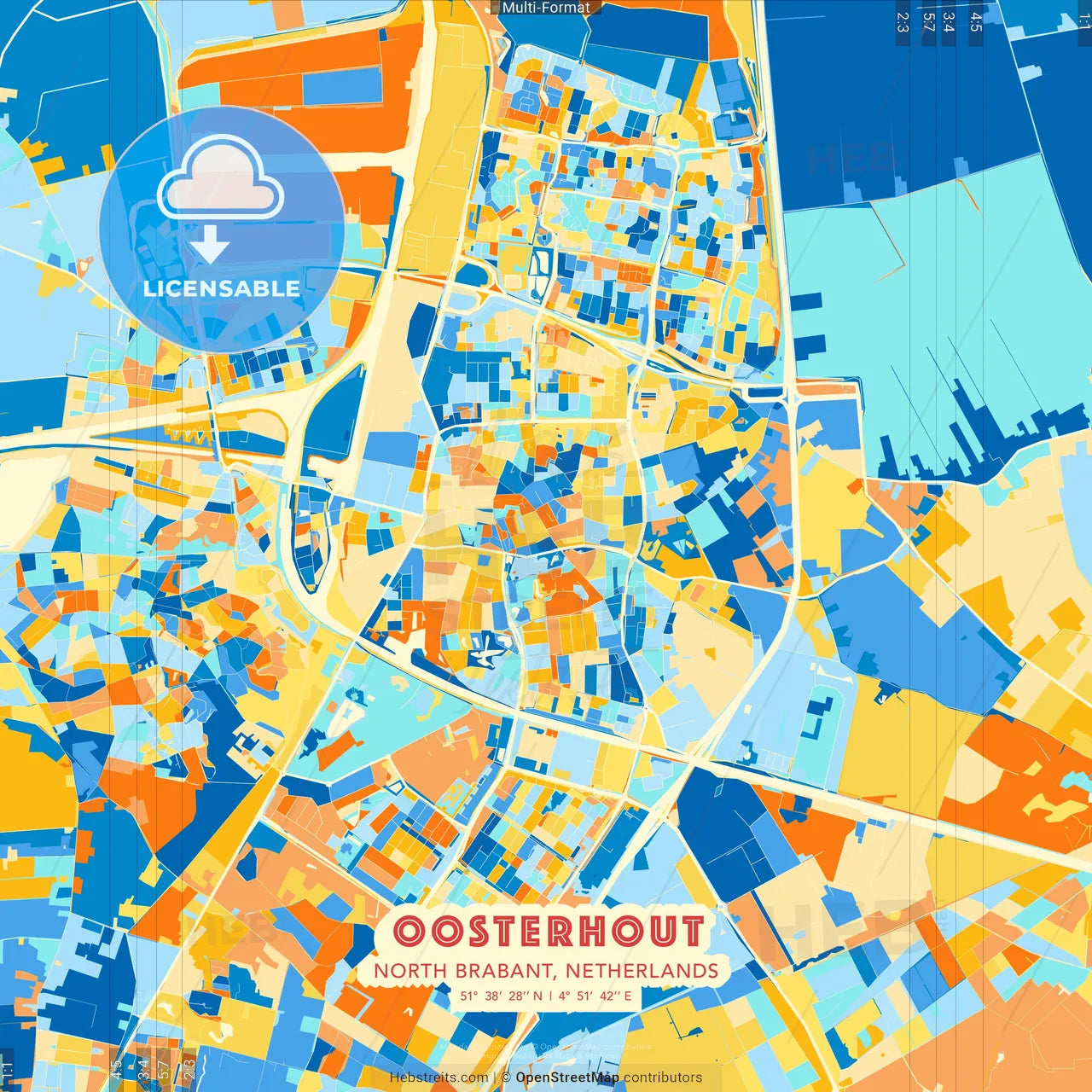 Oosterhout, North Brabant, Netherlands blue and orange vector art map template