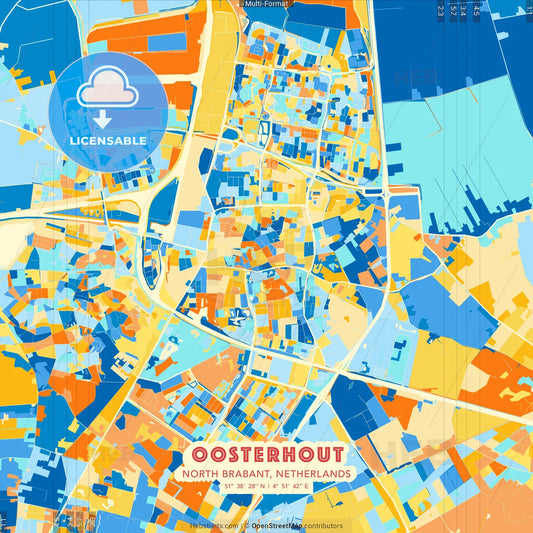 Oosterhout, North Brabant, Netherlands blue and orange vector art map template