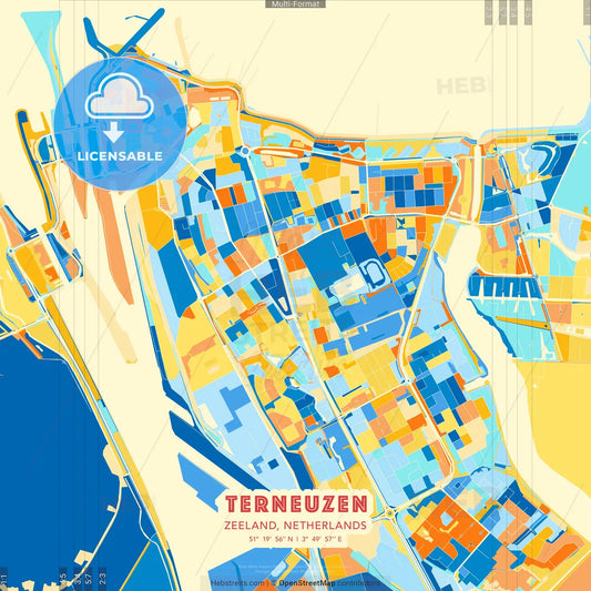 Terneuzen, Zeeland, Netherlands blue and orange vector art map template