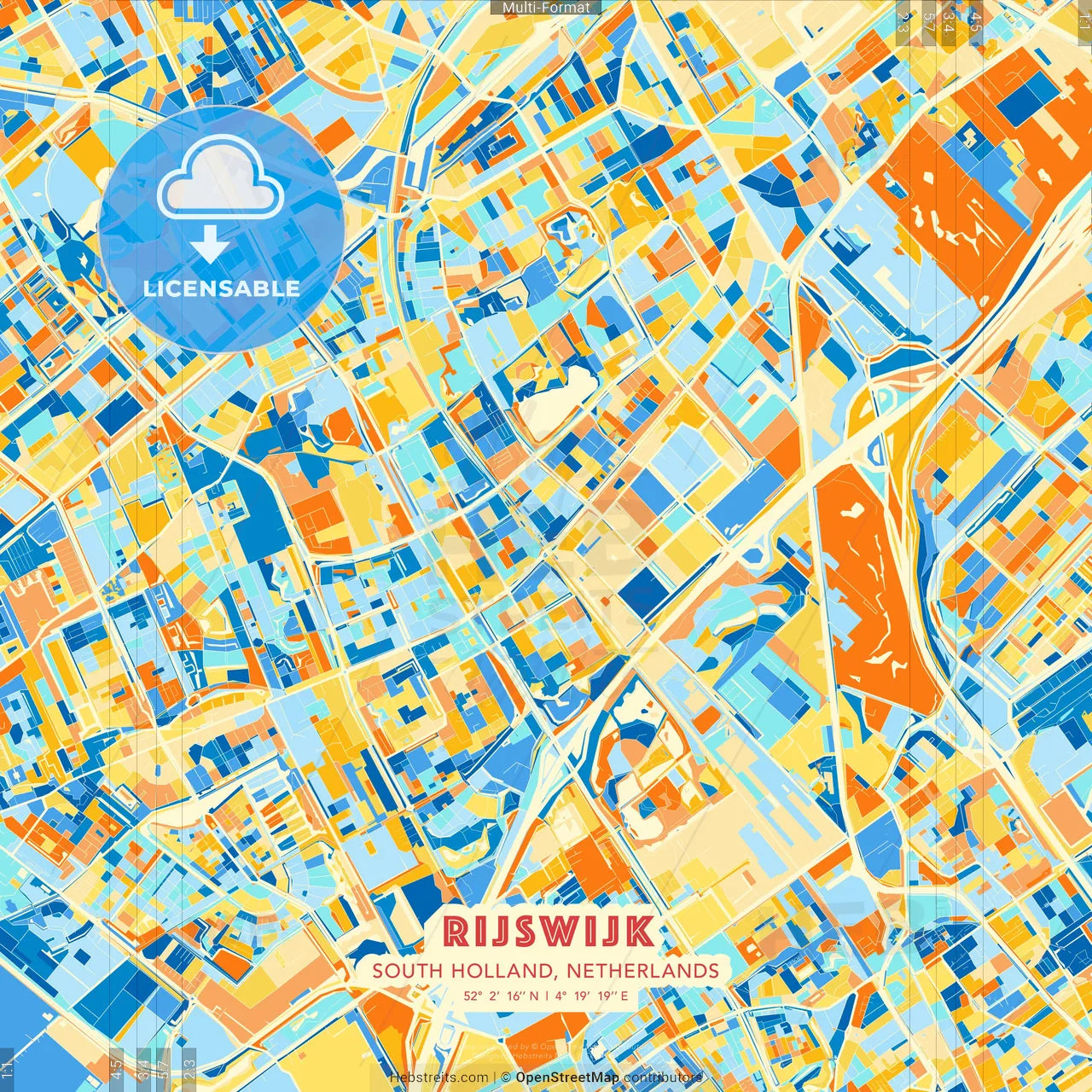 Rijswijk, South Holland, Netherlands blue and orange vector art map template