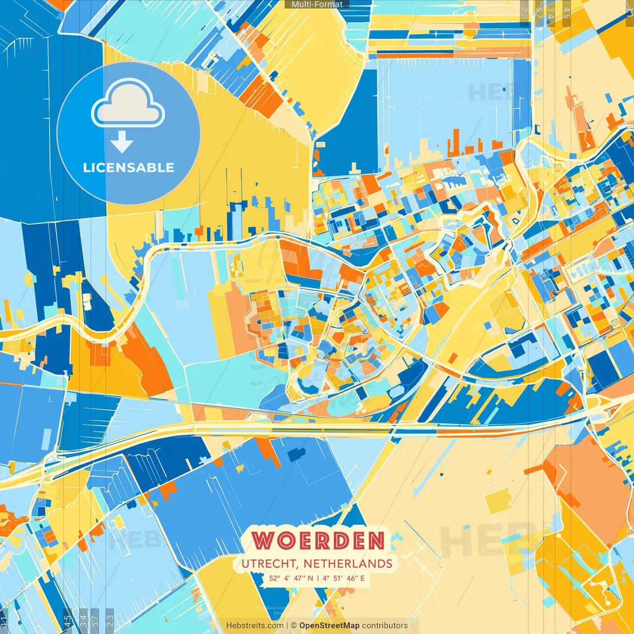 Woerden, Utrecht, Netherlands blue and orange vector art map template