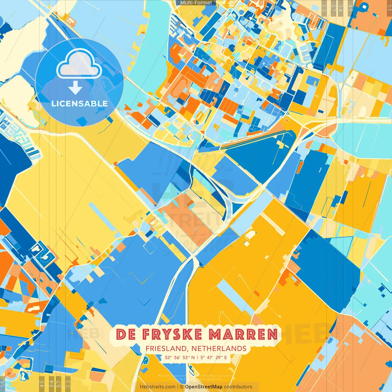 De Fryske Marren, Friesland, Netherlands blue and orange vector art map template