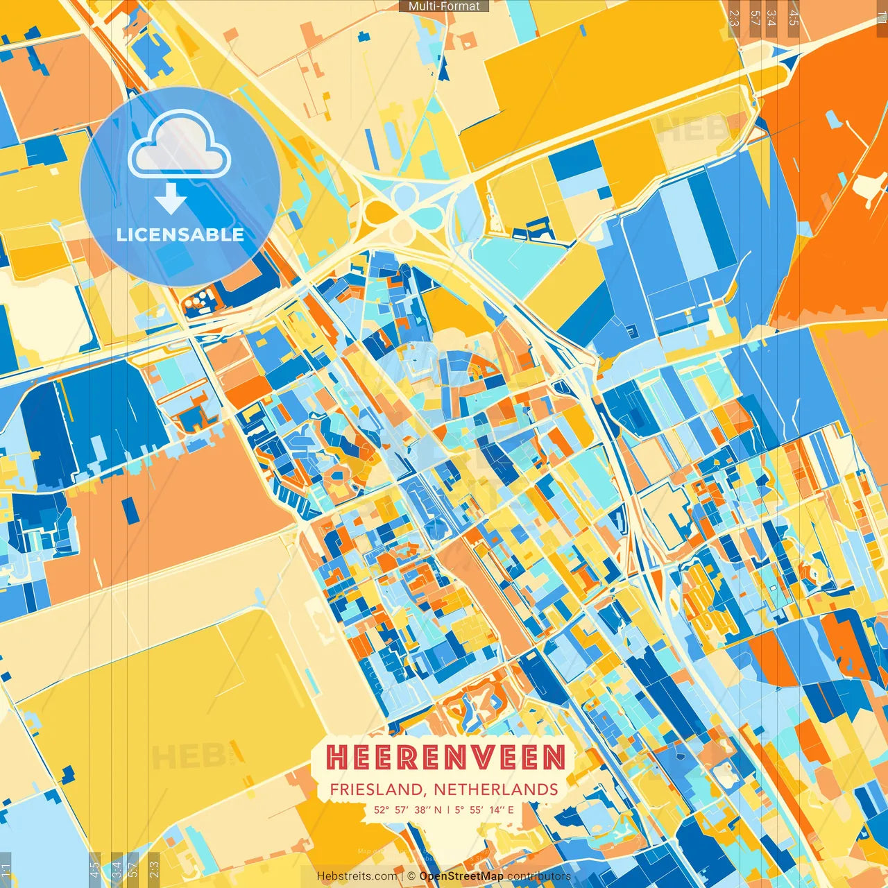 Heerenveen, Friesland, Netherlands blue and orange vector art map template