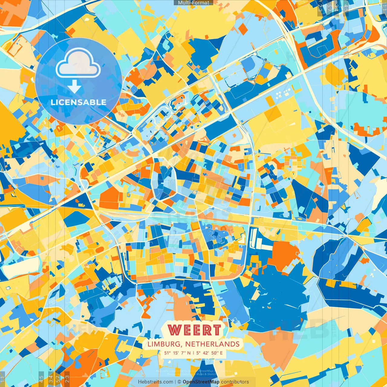 Weert, Limburg, Netherlands blue and orange vector art map template