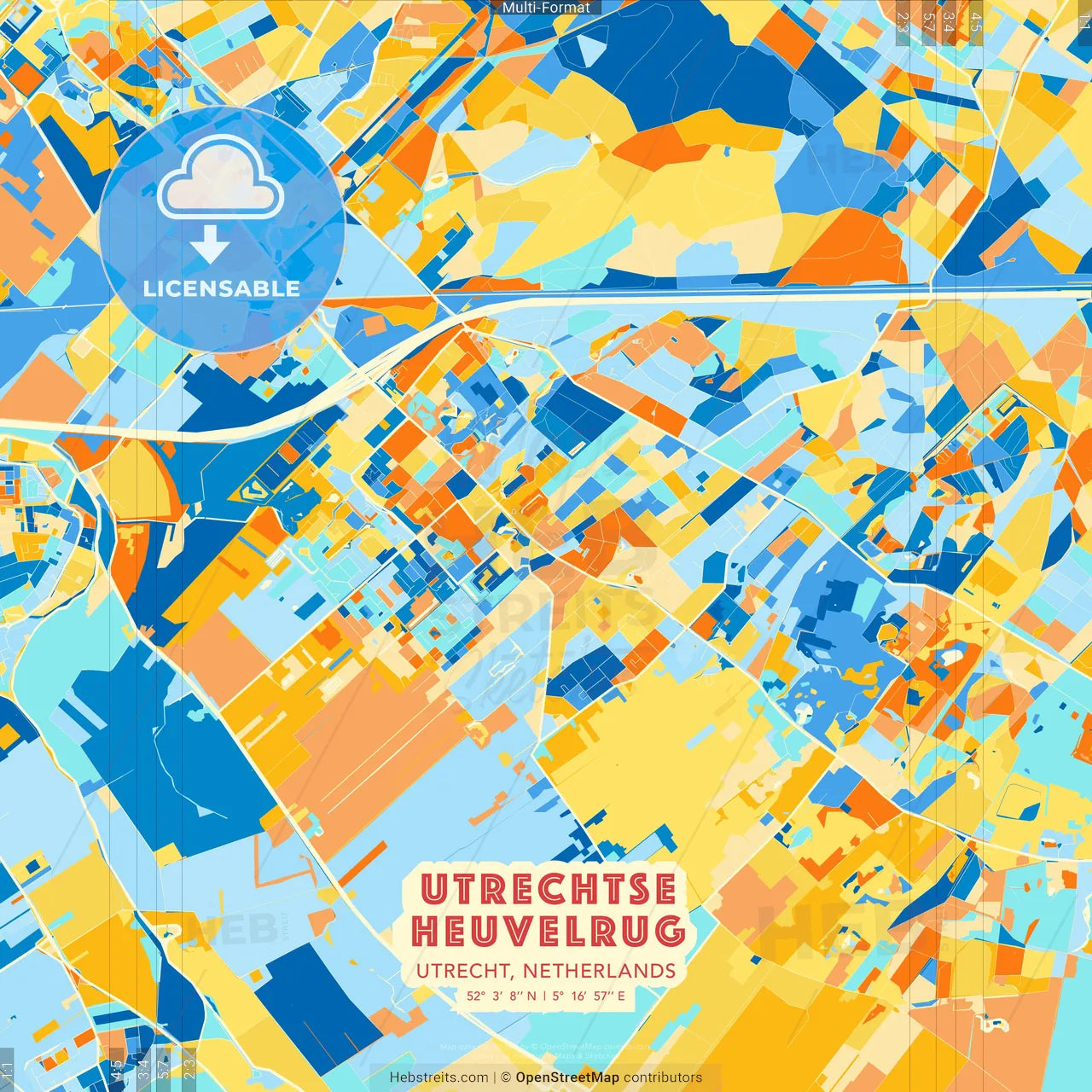 Utrechtse Heuvelrug, Utrecht, Netherlands blue and orange vector art map template