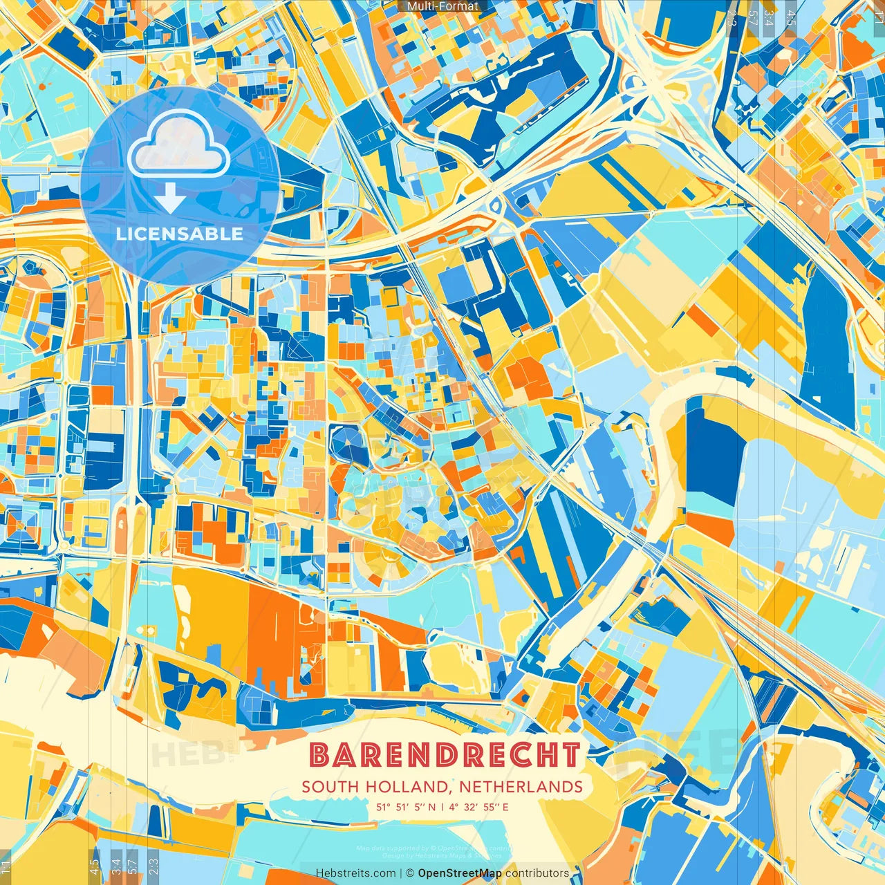 Barendrecht, South Holland, Netherlands blue and orange vector art map template