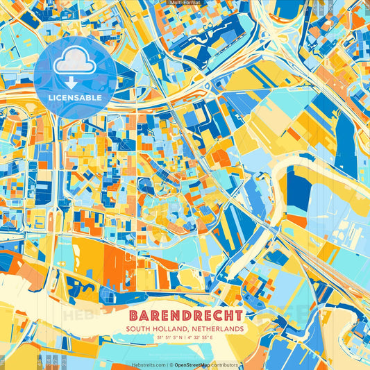 Barendrecht, South Holland, Netherlands blue and orange vector art map template