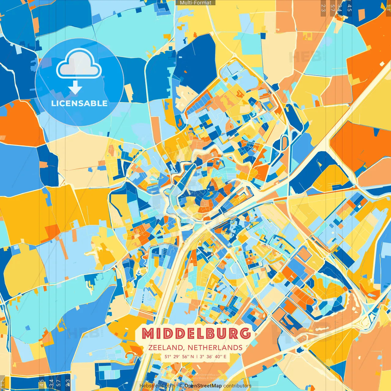 Middelburg, Zeeland, Netherlands blue and orange vector art map template