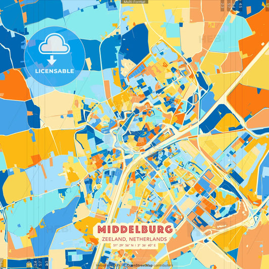 Middelburg, Zeeland, Netherlands blue and orange vector art map template