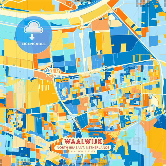 Waalwijk, North Brabant, Netherlands blue and orange vector art map template