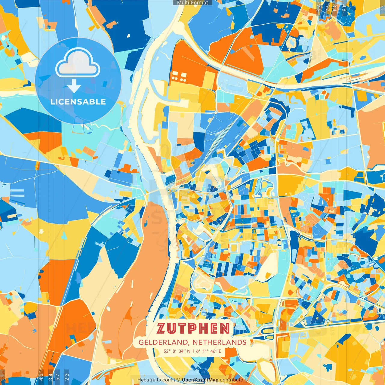 Zutphen, Gelderland, Netherlands blue and orange vector art map template