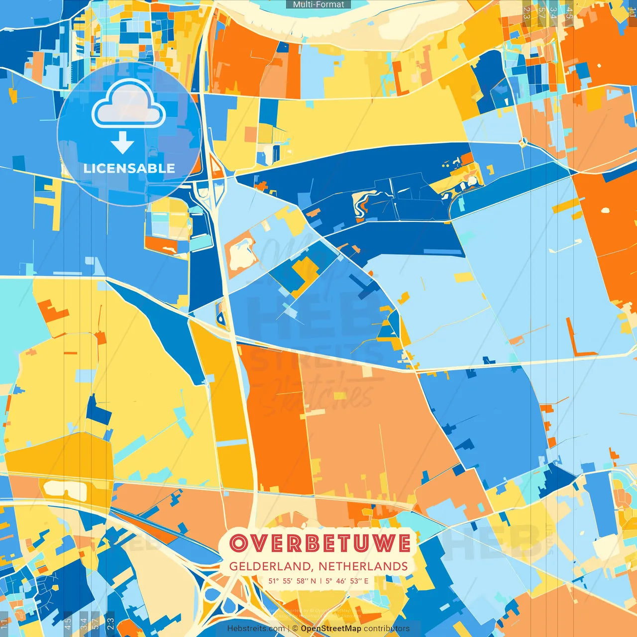 Overbetuwe, Gelderland, Netherlands blue and orange vector art map template