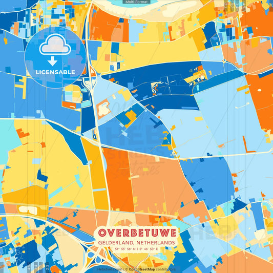 Overbetuwe, Gelderland, Netherlands blue and orange vector art map template