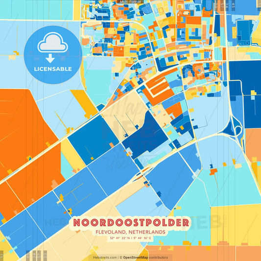 Noordoostpolder, Flevoland, Netherlands blue and orange vector art map template