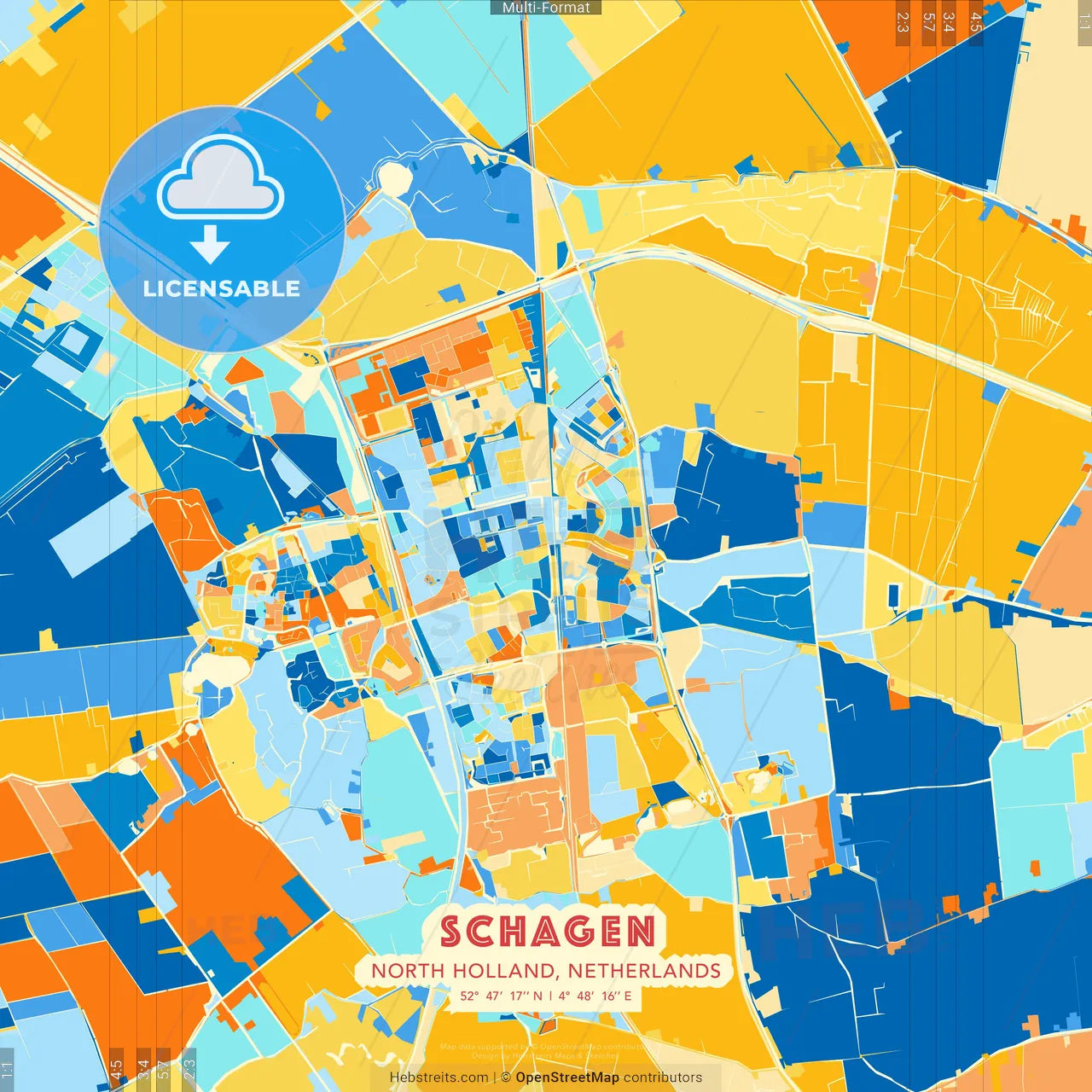 Schagen, North Holland, Netherlands blue and orange vector art map template