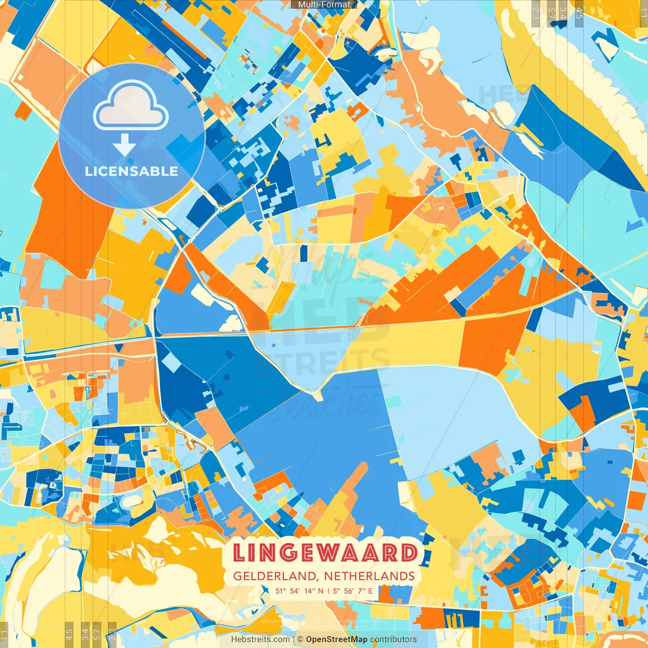 Lingewaard, Gelderland, Netherlands blue and orange vector art map template