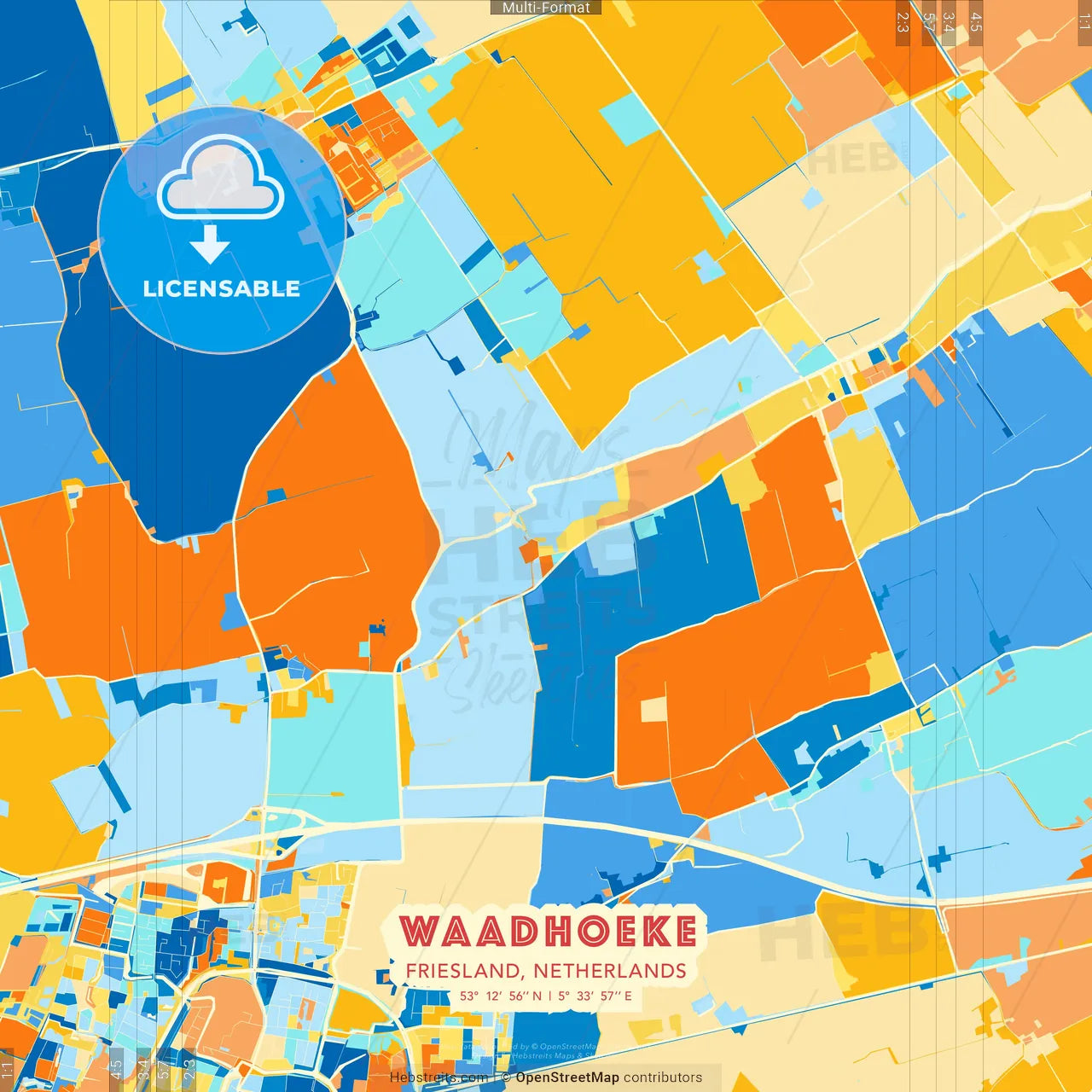 Waadhoeke, Friesland, Netherlands blue and orange vector art map template
