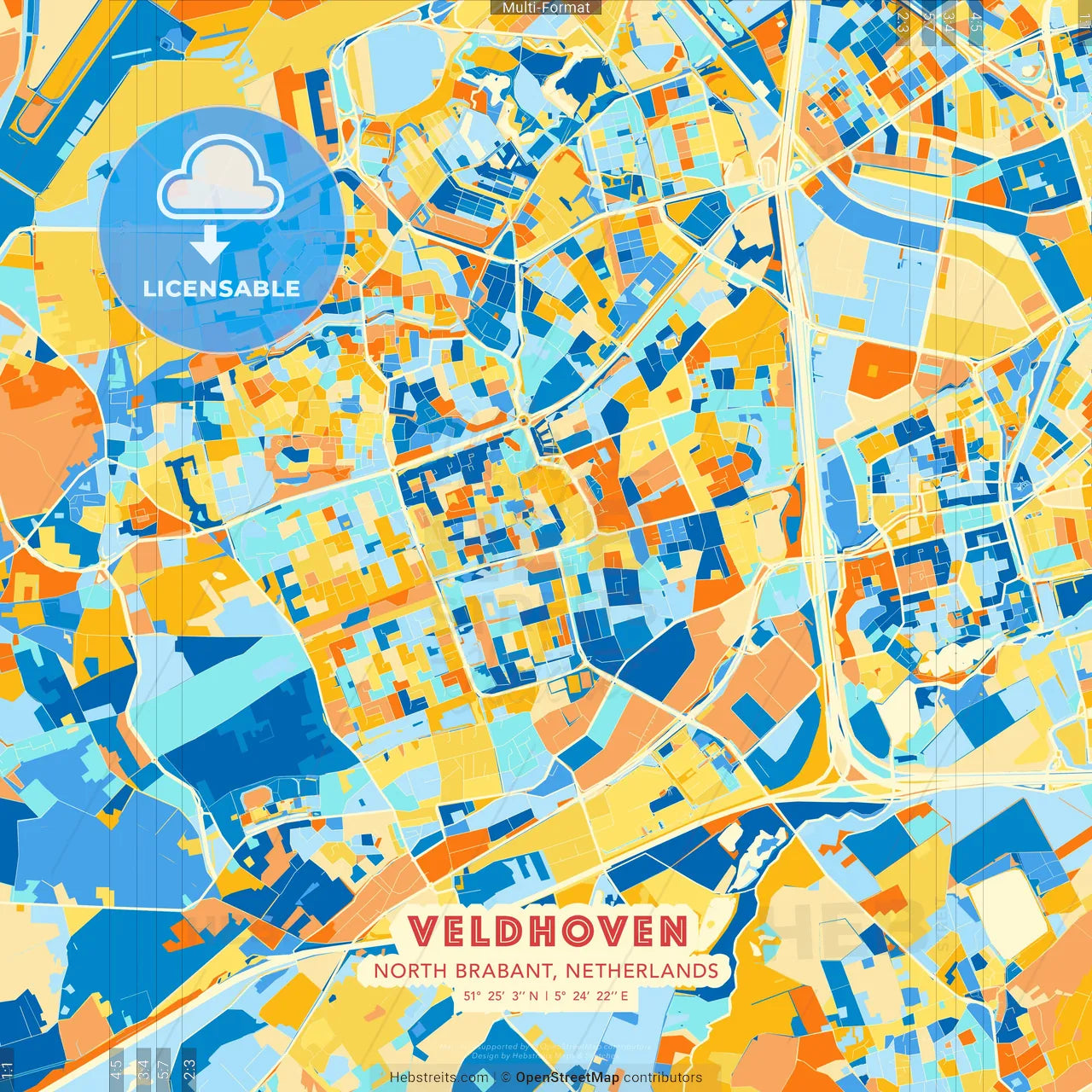 Veldhoven, North Brabant, Netherlands blue and orange vector art map template