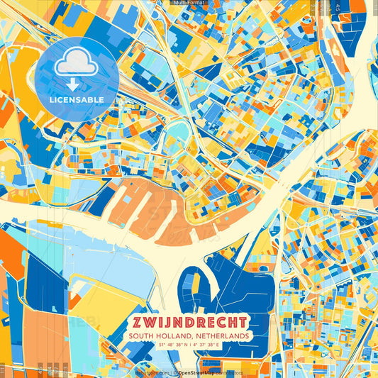 Zwijndrecht, South Holland, Netherlands blue and orange vector art map template