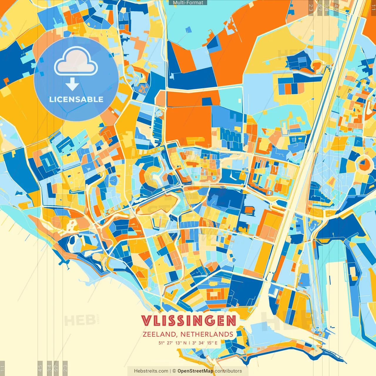 Vlissingen, Zeeland, Netherlands blue and orange vector art map template