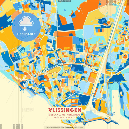 Vlissingen, Zeeland, Netherlands blue and orange vector art map template