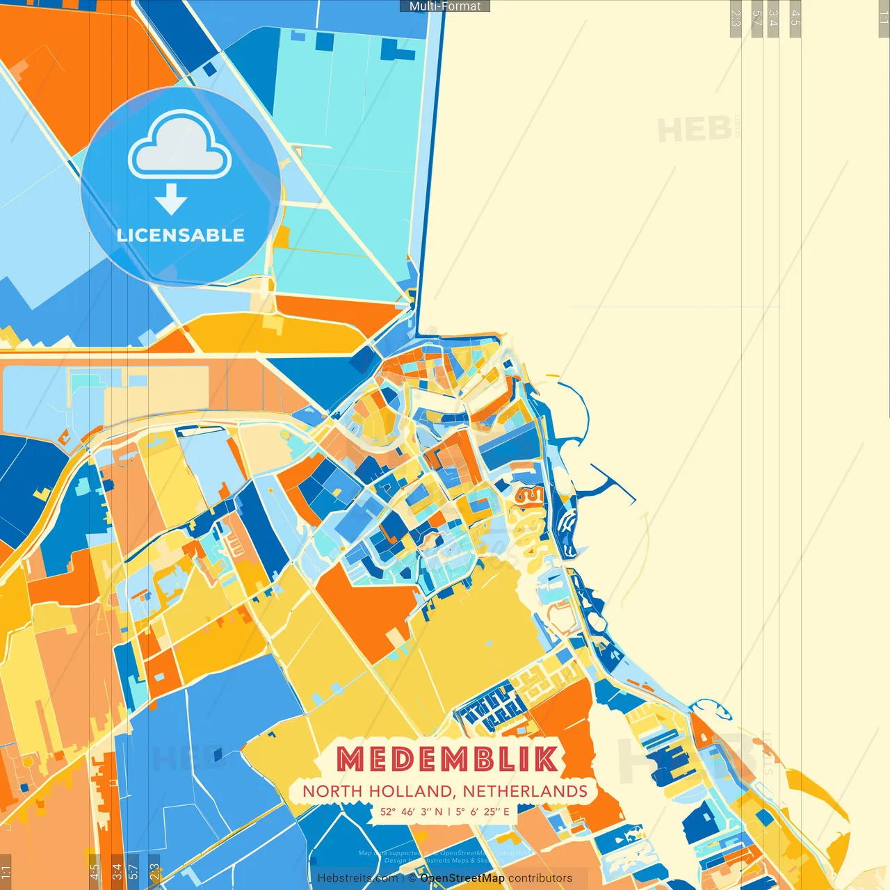 Medemblik, North Holland, Netherlands blue and orange vector art map template