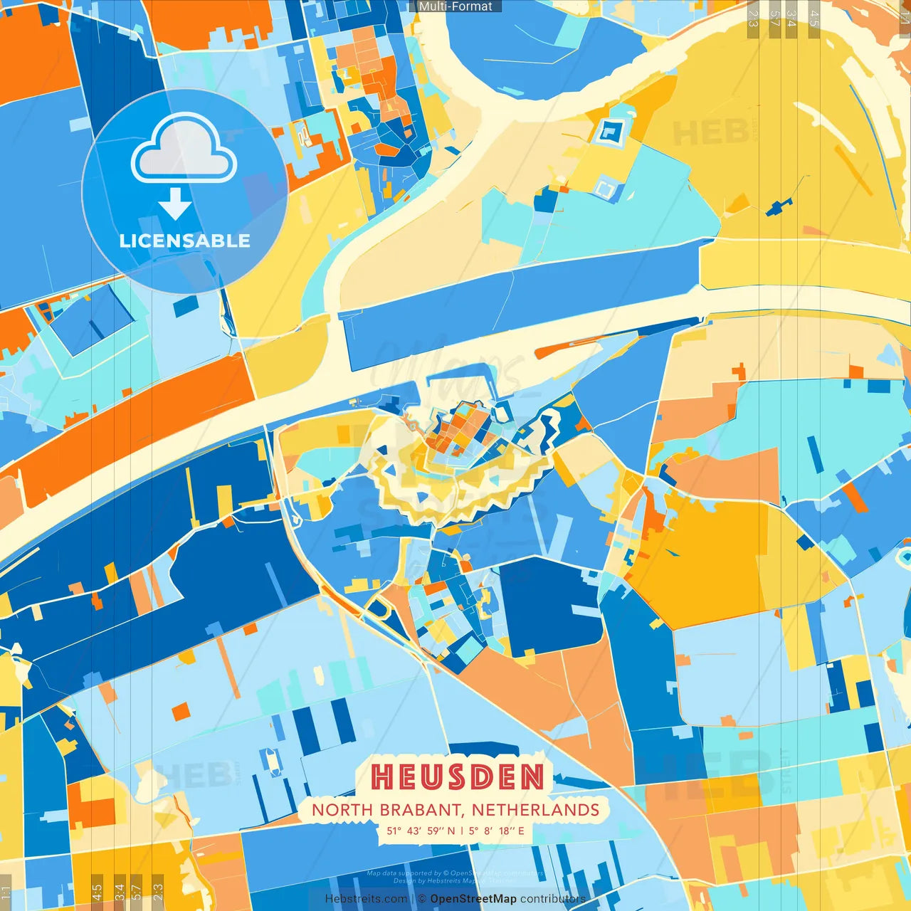 Heusden, North Brabant, Netherlands blue and orange vector art map template