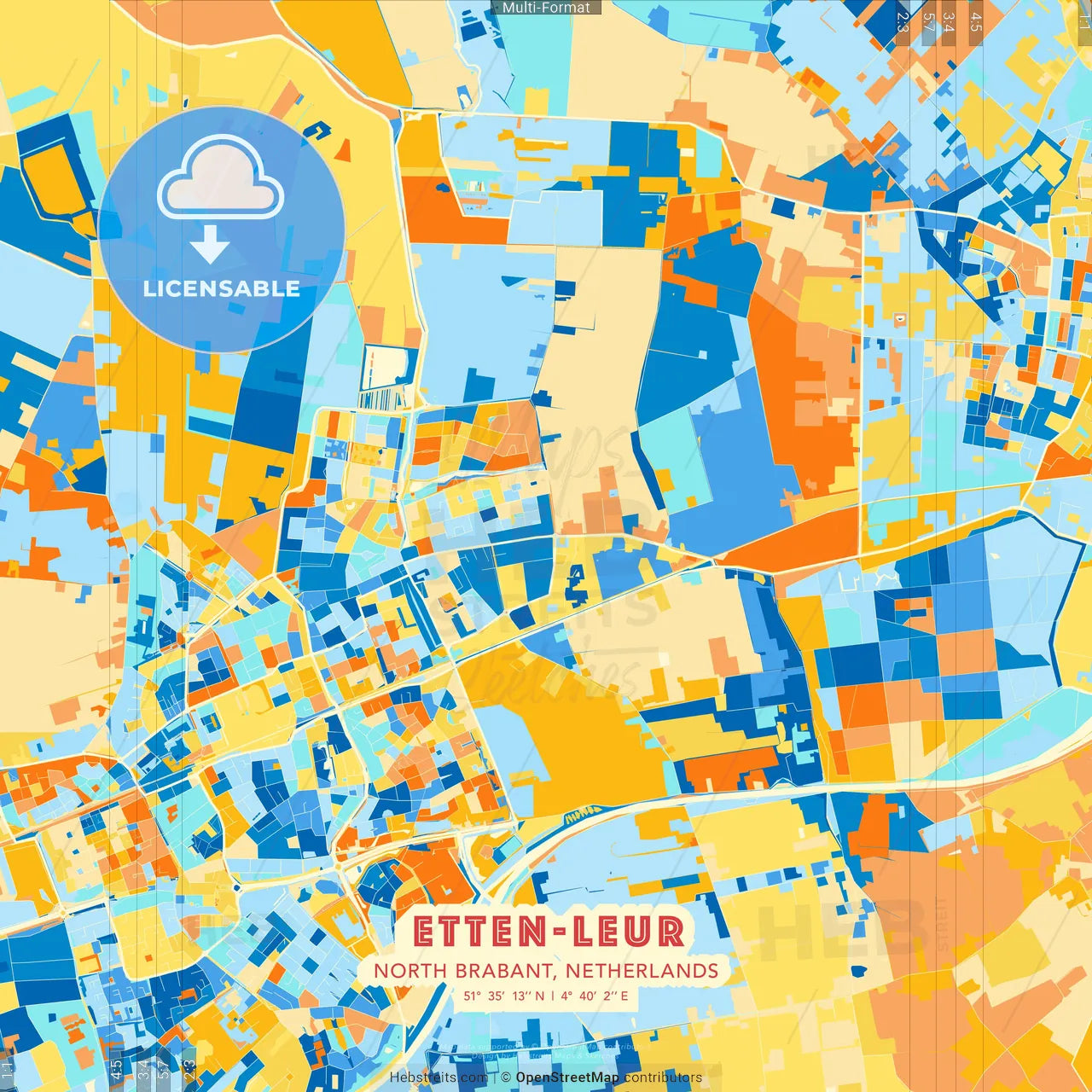 Etten-Leur, North Brabant, Netherlands blue and orange vector art map template