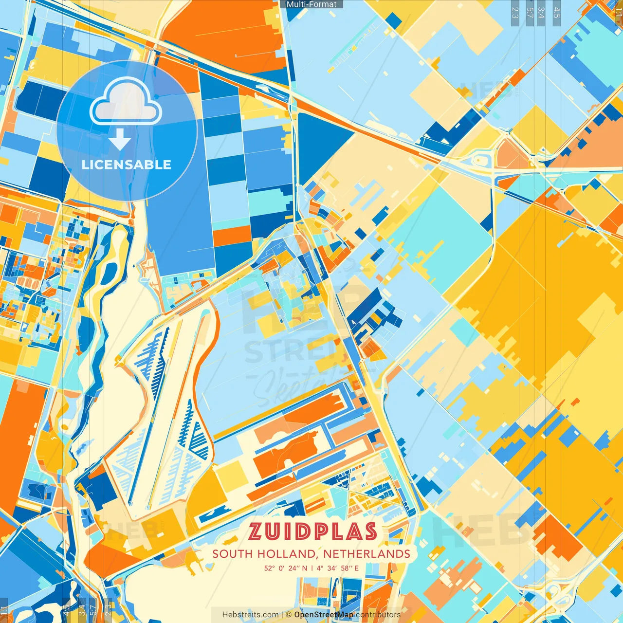 Zuidplas, South Holland, Netherlands blue and orange vector art map template