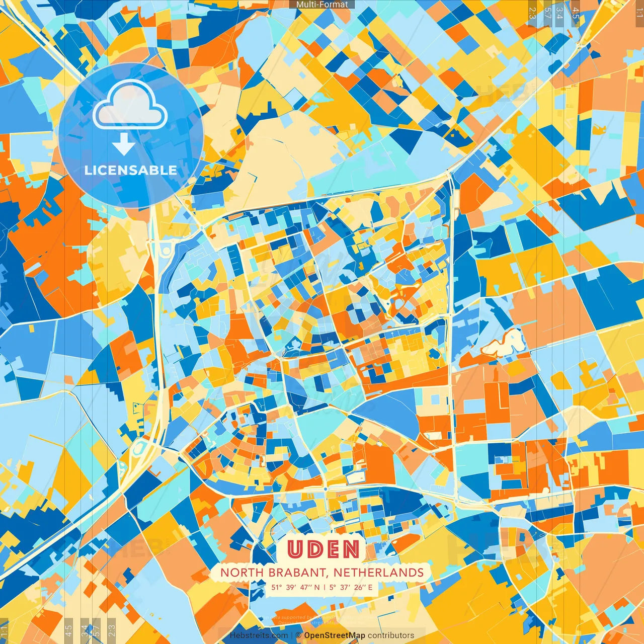 Uden, North Brabant, Netherlands blue and orange vector art map template